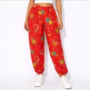 FARM Rio Red Joggers with Pineapple and Sun Patterns